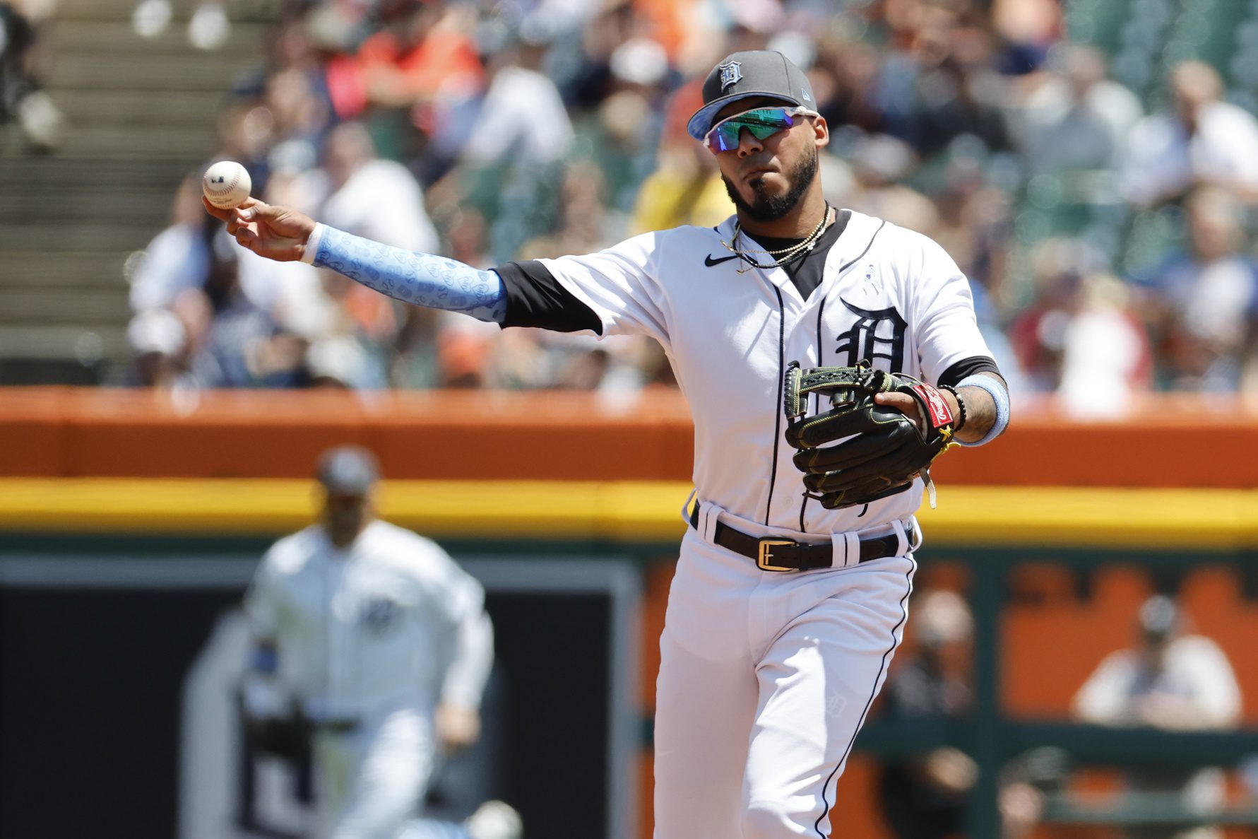 Detroit Tigers third baseman Harold Castro makes a throw to first