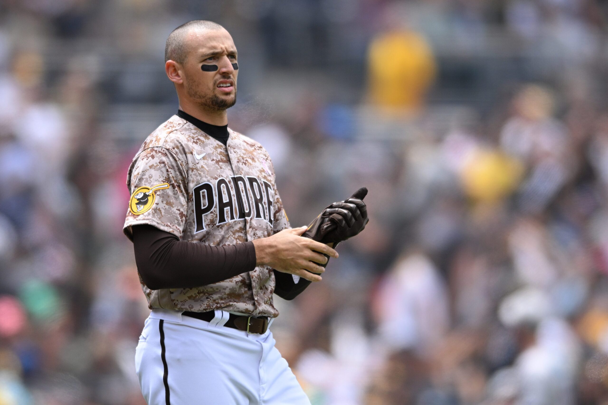 San Diego Padres right fielder Trayce Thompson looks on after striking out to end