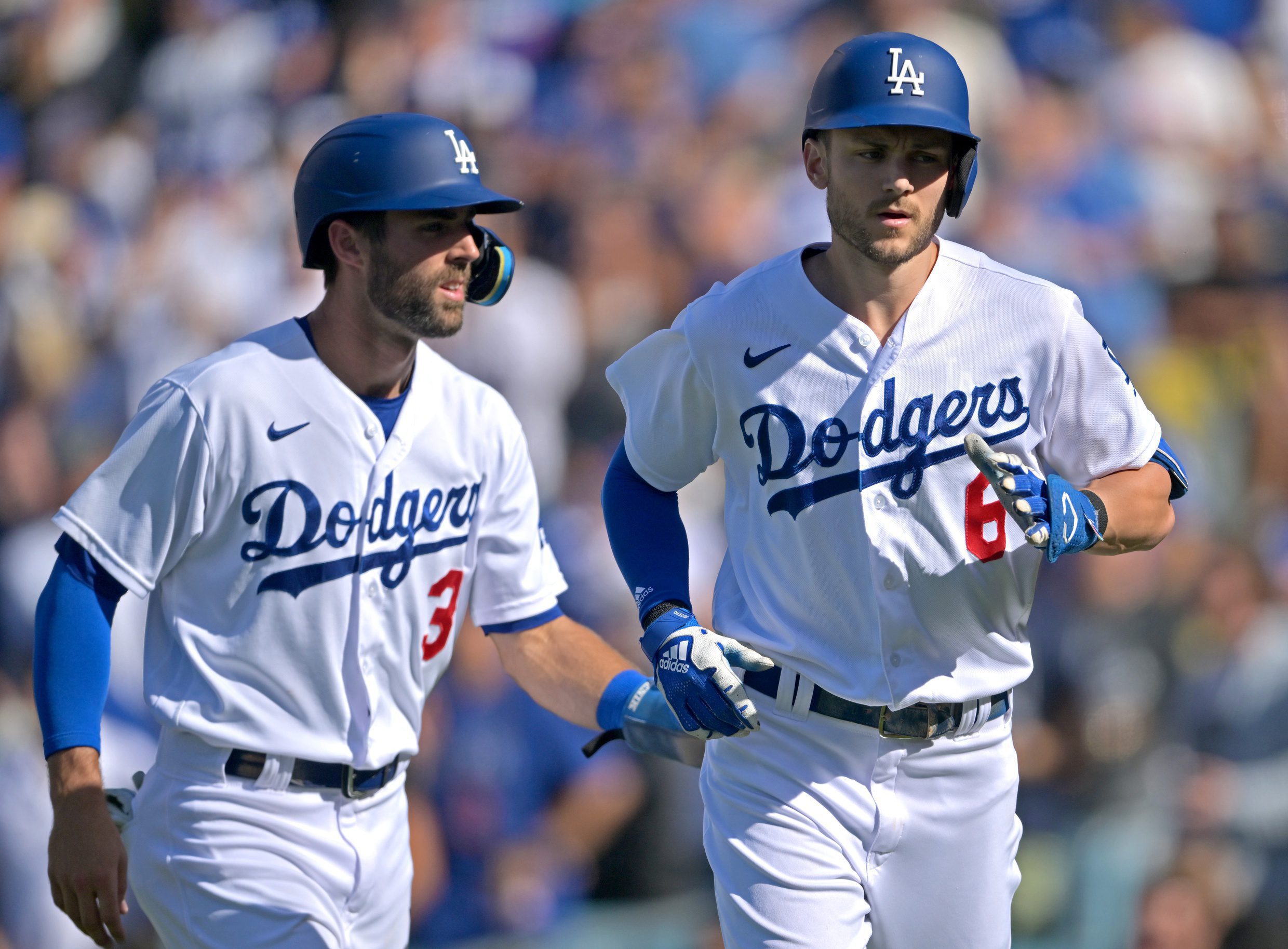 Los Angeles Dodgers shortstop Trea Turner returns to the dugout