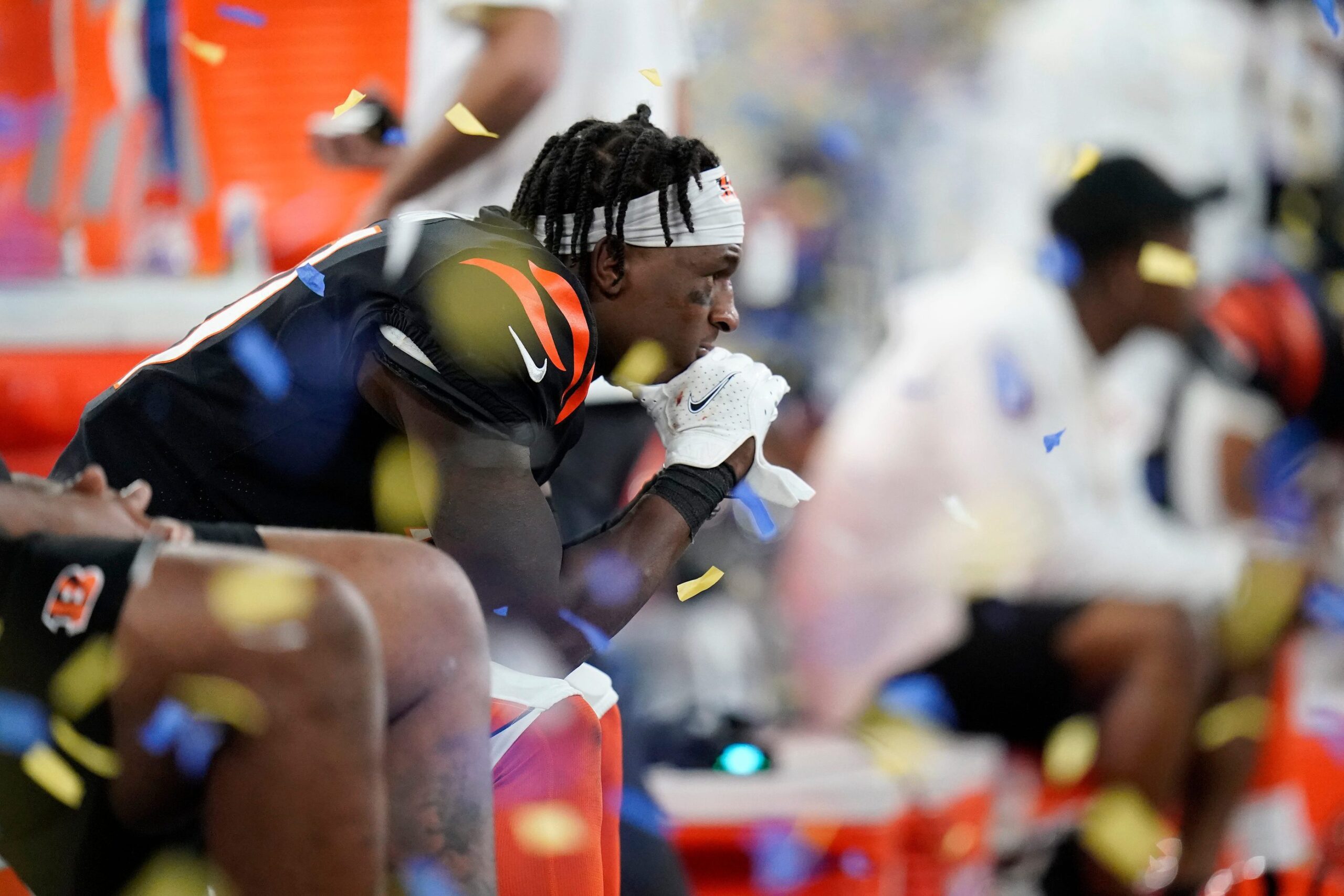 Mike Hilton, Cincinatti Bengals sitting on the bench